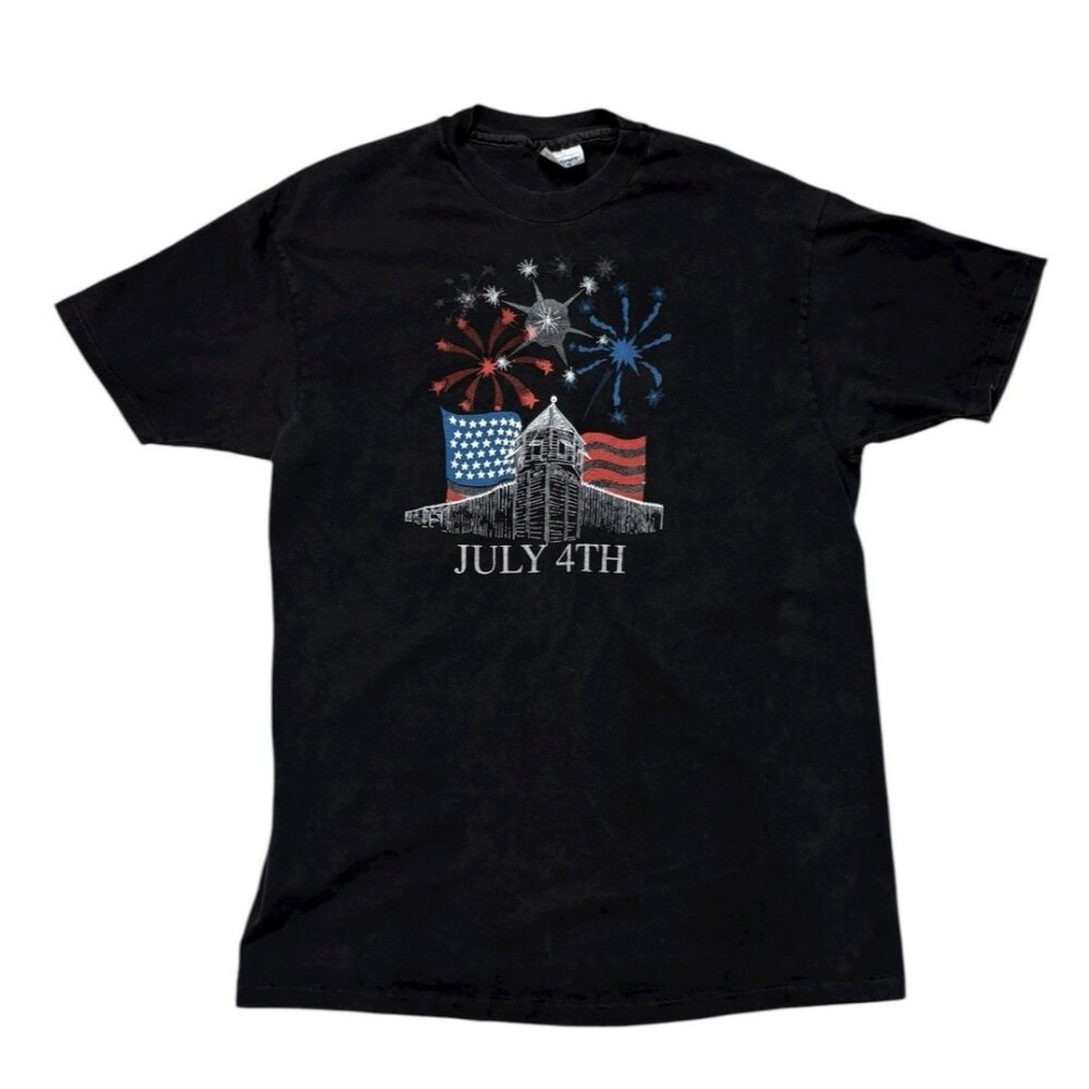 Vintage Hanes Beefy-T Mens 4th of July Fireworks Graphic Tee Single Stitch Black